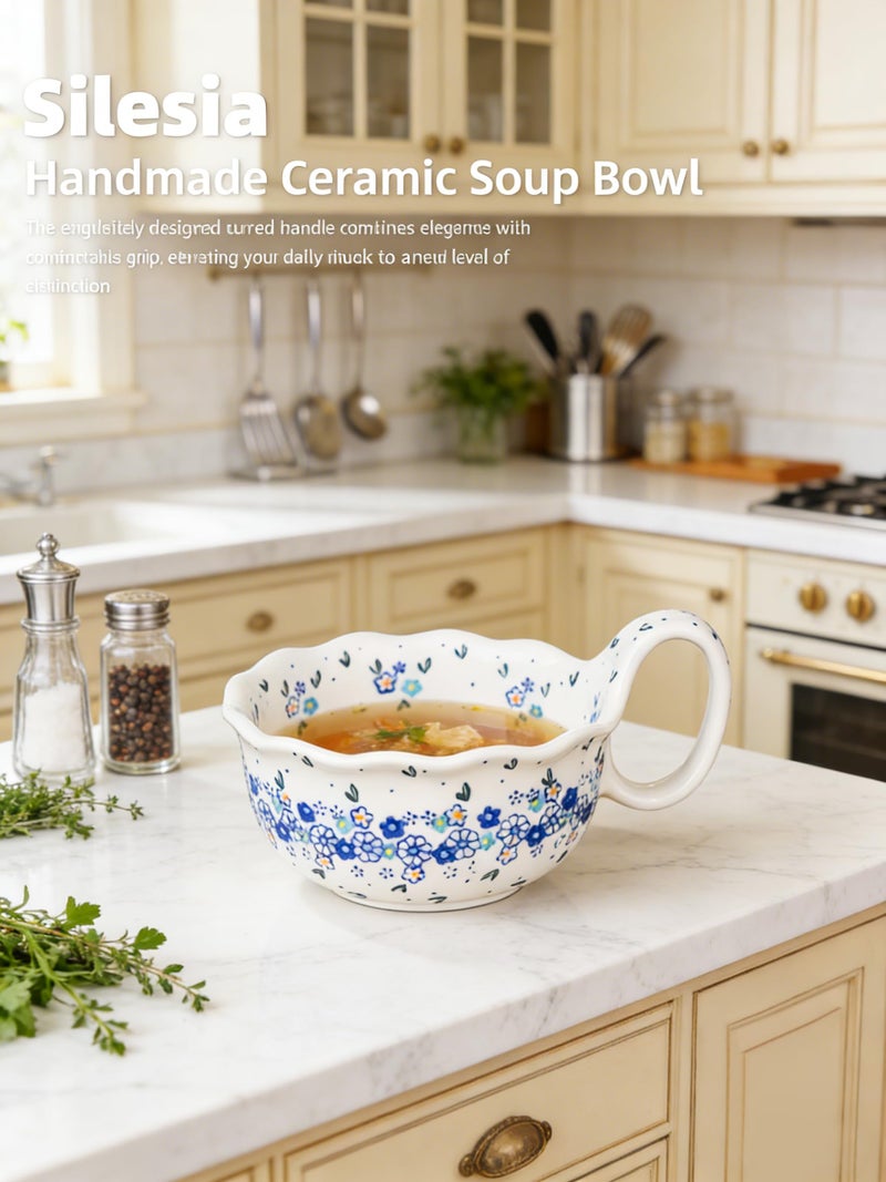 silesia Handmade Ceramic Soup Bowl, 30 oz Hand Painted Bowl with Loop Handle, Floral Design Cereal Bowl for Soup, Ice cream, Snack, Microwave & Dishwasher Safe (Forget Me Not) - Image 2