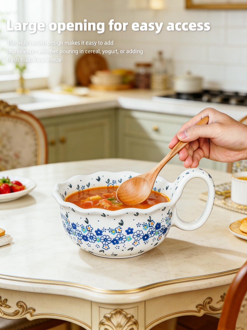 silesia Handmade Ceramic Soup Bowl, 30 oz Hand Painted Bowl with Loop Handle, Floral Design Cereal Bowl for Soup, Ice cream, Snack, Microwave & Dishwasher Safe (Forget Me Not) - Image 3