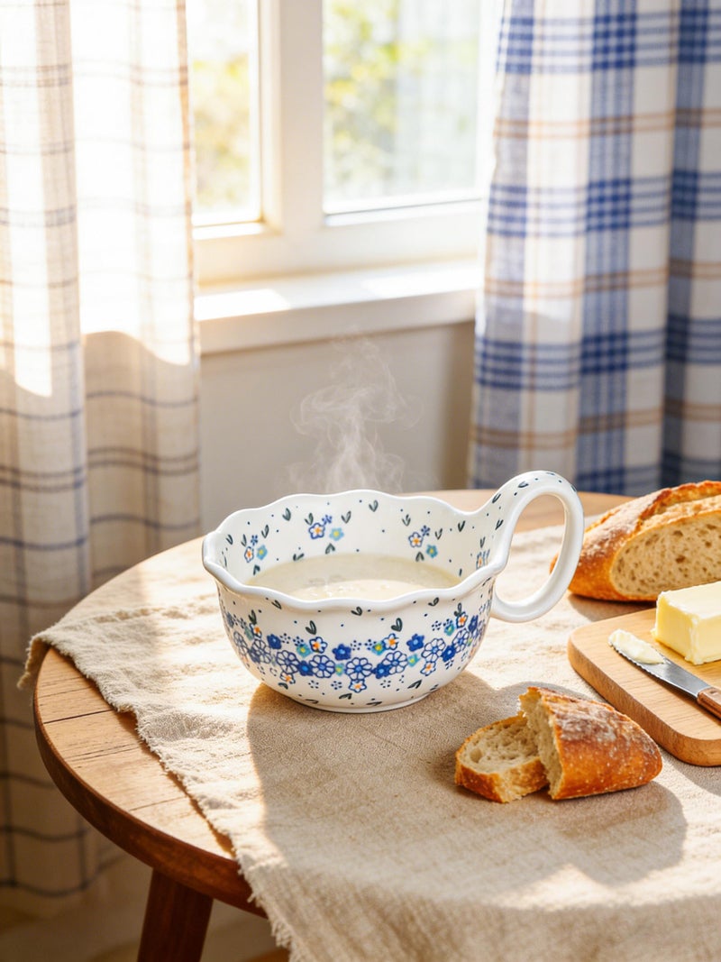 silesia Handmade Ceramic Soup Bowl, 30 oz Hand Painted Bowl with Loop Handle, Floral Design Cereal Bowl for Soup, Ice cream, Snack, Microwave & Dishwasher Safe (Forget Me Not) - Image 5