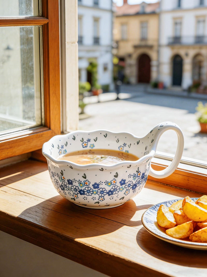 silesia Handmade Ceramic Soup Bowl, 30 oz Hand Painted Bowl with Loop Handle, Floral Design Cereal Bowl for Soup, Ice cream, Snack, Microwave & Dishwasher Safe (Forget Me Not) - Image 4