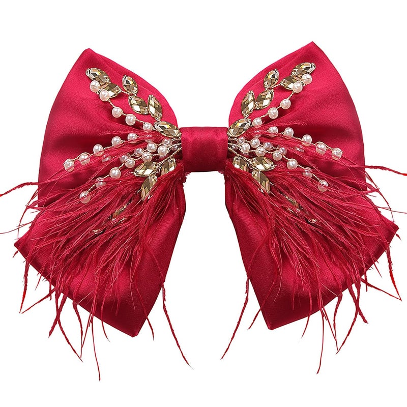 CROWN GUIDE Large Hair Bows Clips for Women Girls Silk Satin Hair Barrettes Feather Coquette Bows Hair Ties Ribbon Bow Claw Clip Hair Accessories with Pearl Crystal Red