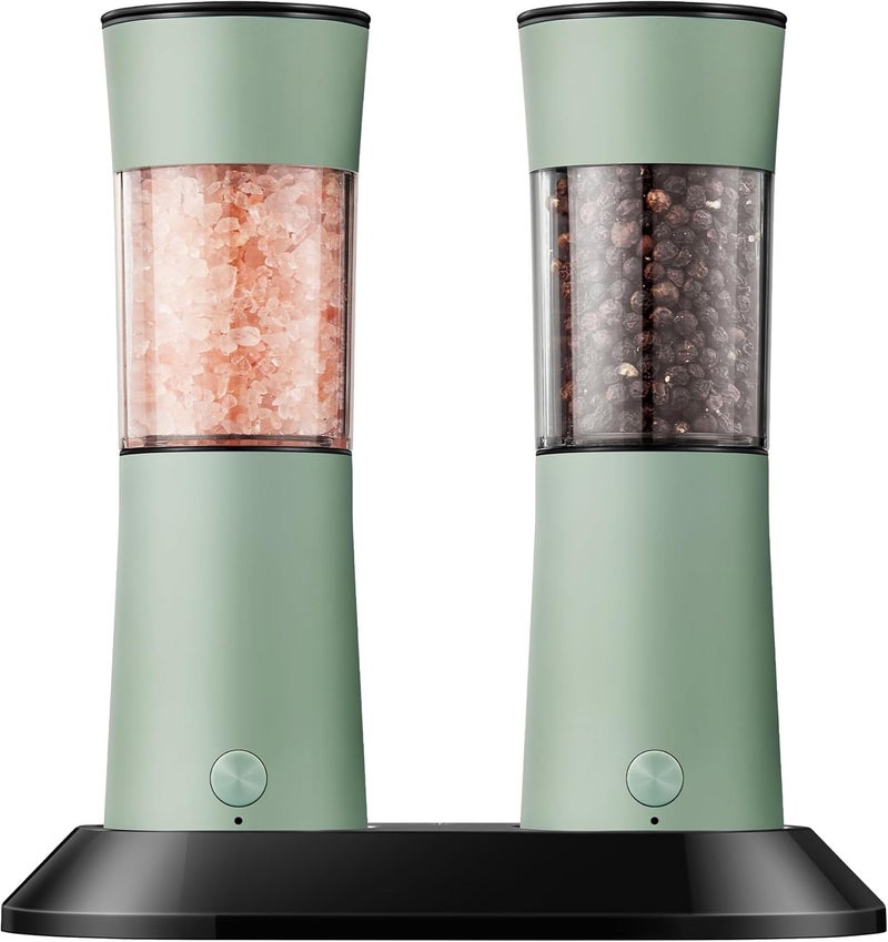 CULINARY FUN Gravity Electric Salt and Pepper Grinder Set–USB-C Rechargeable Charging Base Pepper Mill, Dual LED Light, Adjustable Coarseness,One-Handed Operation, Stainless Steel Sage Green Finish,2pack - Image 1