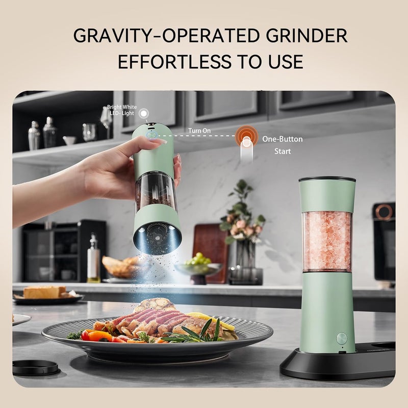 CULINARY FUN Gravity Electric Salt and Pepper Grinder Set–USB-C Rechargeable Charging Base Pepper Mill, Dual LED Light, Adjustable Coarseness,One-Handed Operation, Stainless Steel Sage Green Finish,2pack - Image 3