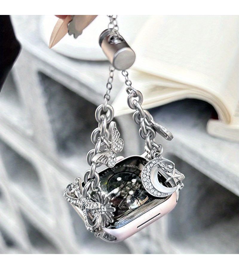 Strap Compatible with Apple Watch 38 to 49mm Silvery Diamond Star Moon Design - Image 4