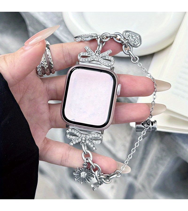 Strap Compatible with Apple Watch 38 to 49mm Silvery Diamond Star Moon Design - Image 3
