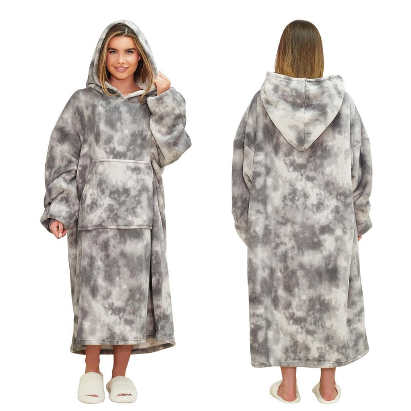 Dreamscene ExtraLong Tie Dye Oversized Hoodie Blanket Sweatshirt Soft Sherpa Fleece Throw Cosy Wearable Hooded Blanket Big Jumper  Charcoal One Size Fits Most  Adults Teens Men Women