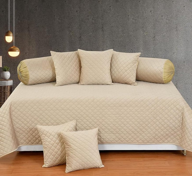 BEDSHED Set of 8 Pieces Touch Chenille Diwan Set for Living Room Dining Hall (1 Single Bedsheet, 5 Cushion Covers, 2 Bolster Cover) Beige - Image 1