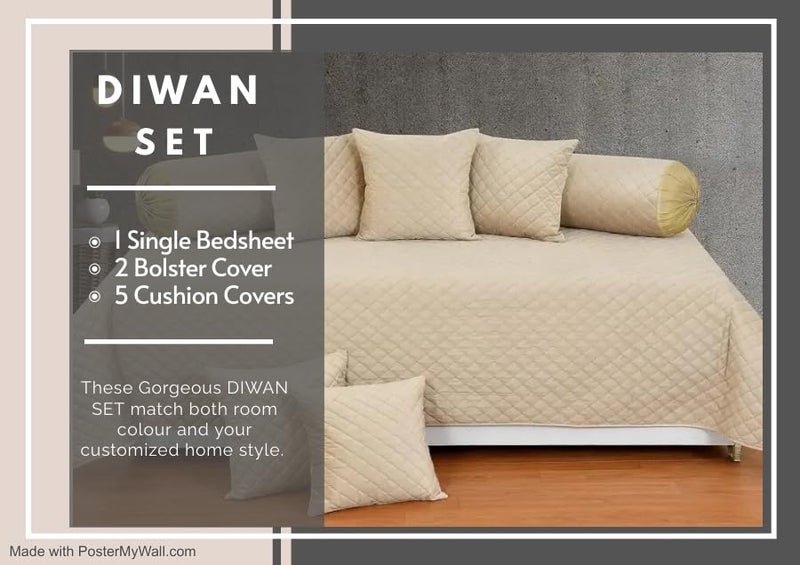 BEDSHED Set of 8 Pieces Touch Chenille Diwan Set for Living Room Dining Hall (1 Single Bedsheet, 5 Cushion Covers, 2 Bolster Cover) Beige - Image 3