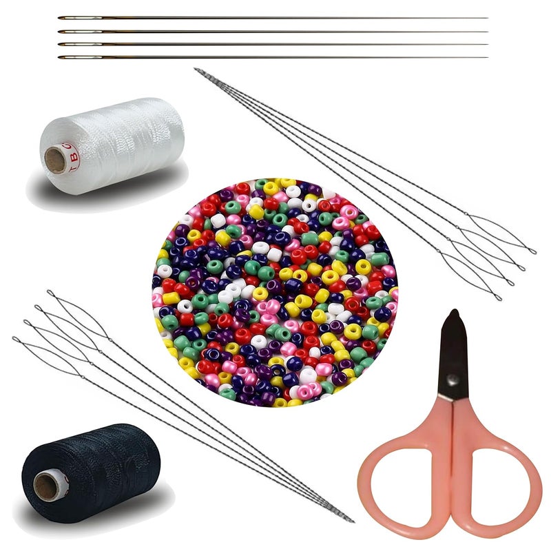 Domick 8 Pcs Stainless Steel Collapsible Eye Beading Needles 0.51MM, 12 No 51MM 4 Pcs Extra Long Beading Needle, 2.25 Inch Scissor 1 Pcs, 12 No Multicolor Beads 25 Grm, 2 Ply Nylon Thread 1000 Meter Black & White for Beading Jewellery and Craft Making, - Image 1