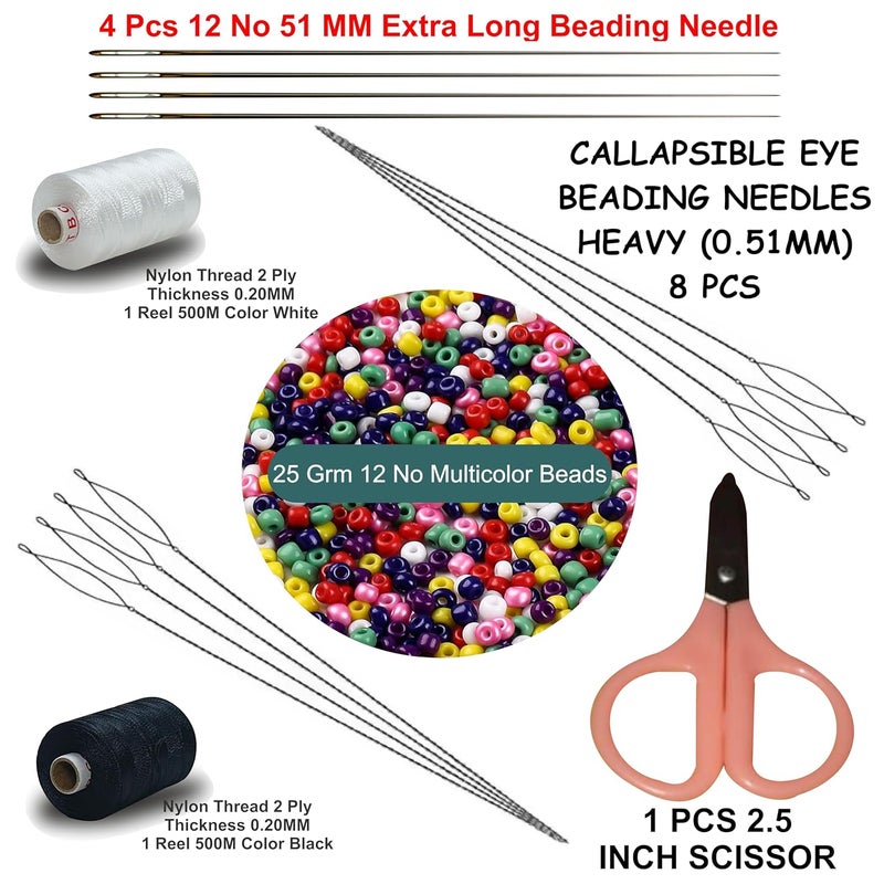 Domick 8 Pcs Stainless Steel Collapsible Eye Beading Needles 0.51MM, 12 No 51MM 4 Pcs Extra Long Beading Needle, 2.25 Inch Scissor 1 Pcs, 12 No Multicolor Beads 25 Grm, 2 Ply Nylon Thread 1000 Meter Black & White for Beading Jewellery and Craft Making, - Image 2