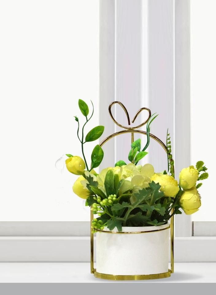 Olivia 2 Pcs Faux Yellow Flowers in Ceramic Flower Vases – Maintenance-Free Decoration for Home, Office & Celebrations - Image 4