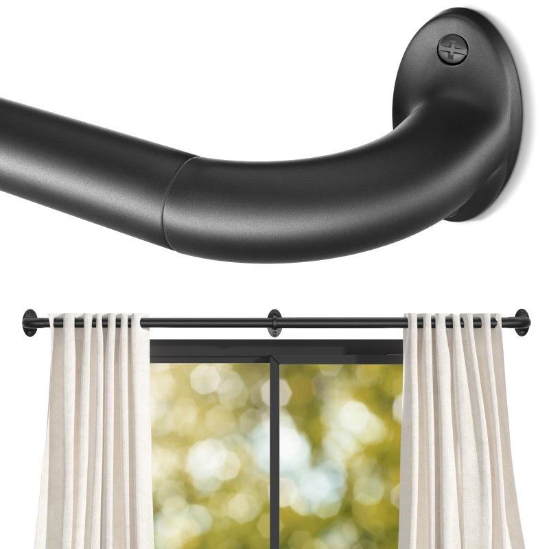 GTJ Wrap Around Black Curtain Rod for Windows 48-84 Inch, 1 Inch Heavy Duty Blackout Curtain Rod 34-95 Inches, Adjustable Curved Metal Drapery Rod, Matte Black - Image 1