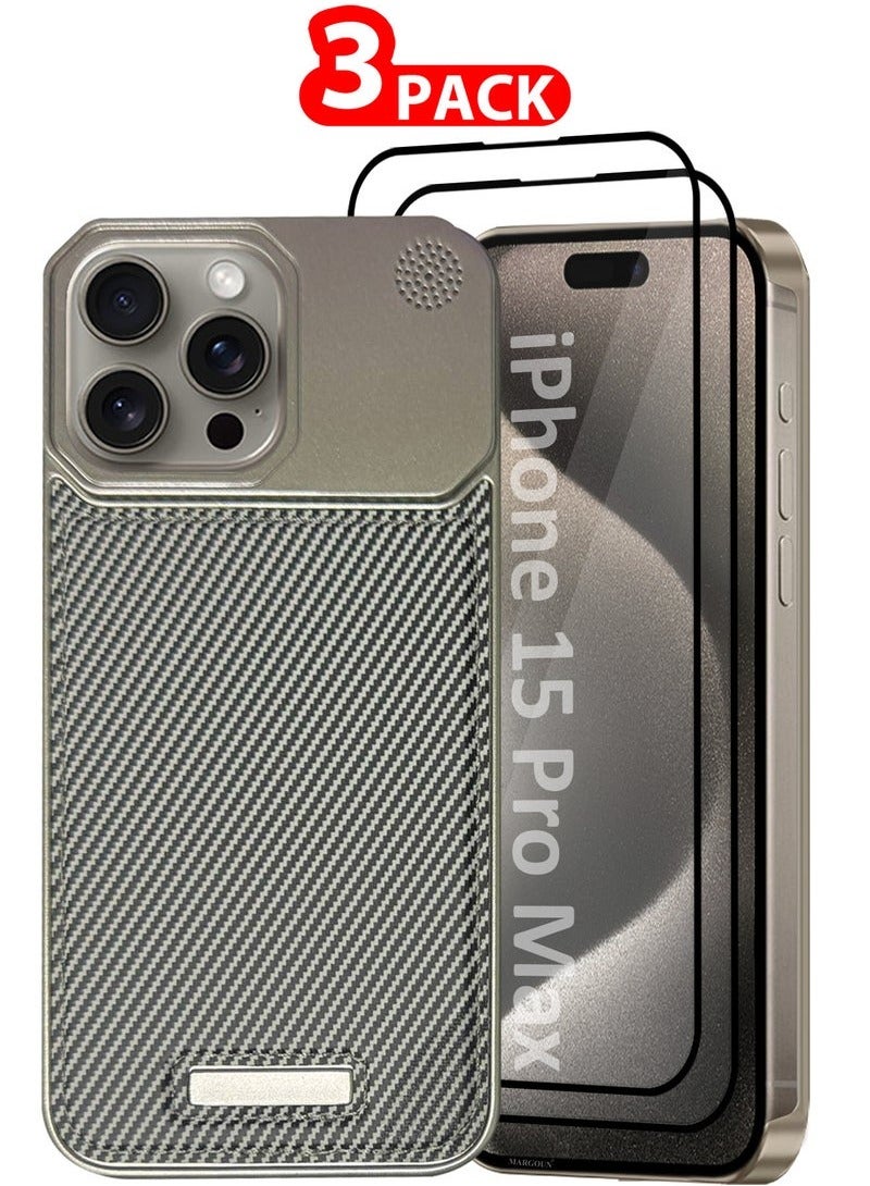 CATANES iPhone 15 Pro Max 3 Pack Case Leather Metal Design, Slim Lightweight Minimalist Cover,1 Case 2 Screen Protectors