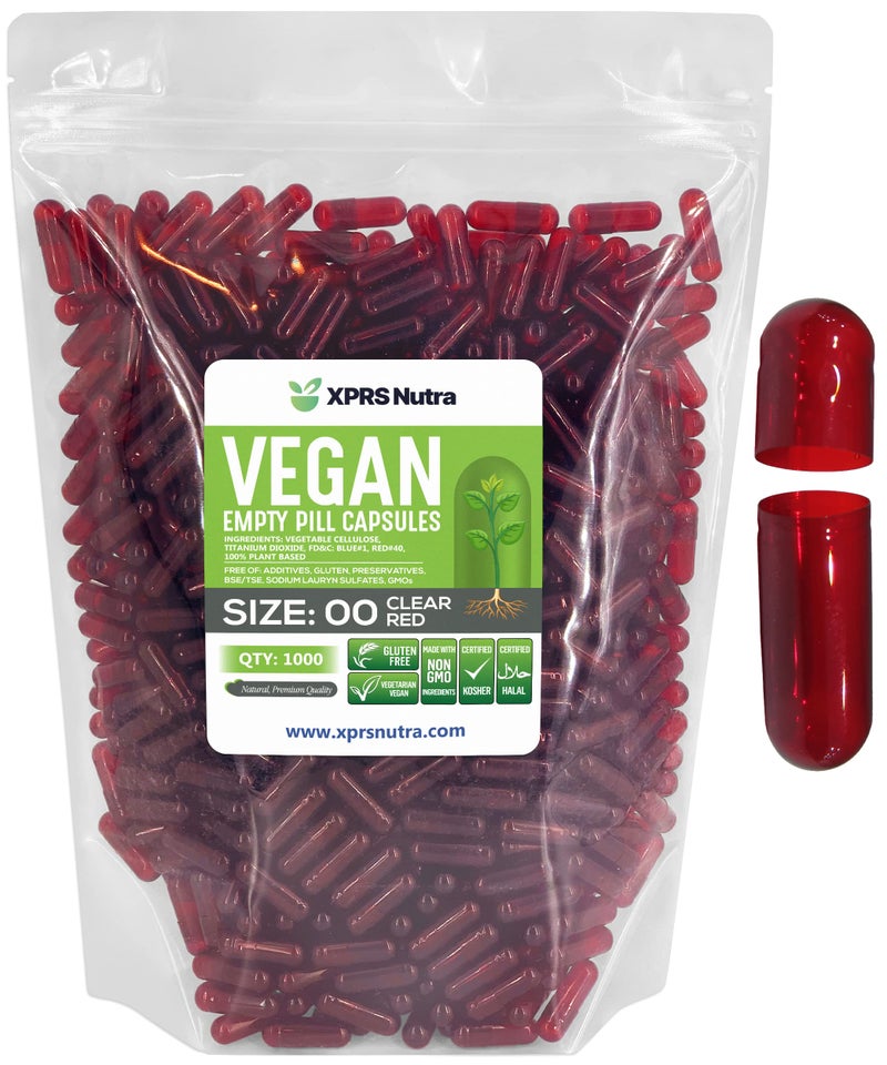 XPRS Nutra كبسولات XPRS Nutra فارغة حجم 00 عدد 1000 كبسولات نباتية فارغة حبوب فارغة DIY تعبئة كبسولات نباتية أغطية حبوب نباتية شفافة حمراء