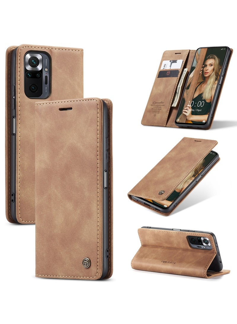 CaseMe Phone Case Luxury PU Leather Design 013 Flip Cover Card Slot Holder Cover For Redmi Note 10 Pro 4G (Brown) - Image 1