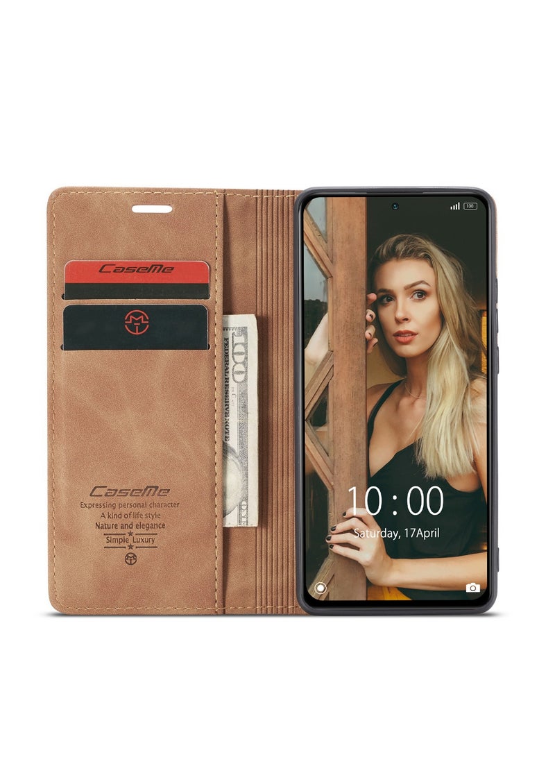 CaseMe Phone Case Luxury PU Leather Design 013 Flip Cover Card Slot Holder Cover For Redmi Note 10 Pro 4G (Brown) - Image 2
