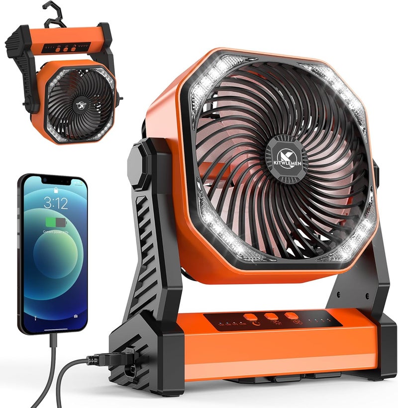 KITWLEMEN Camping Fan with LED Lantern, 20000mAh Rechargeable Battery Operated Outdoor Tent Fan with Light & Hanging Hook, 4 Speeds, Personal USB Desk Fan for Camping, Power Outage, Hurricane, Jobsite - Image 1