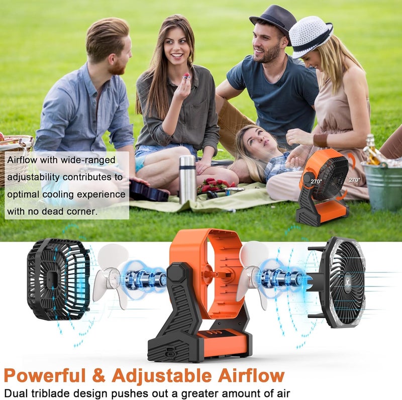 KITWLEMEN Camping Fan with LED Lantern, 20000mAh Rechargeable Battery Operated Outdoor Tent Fan with Light & Hanging Hook, 4 Speeds, Personal USB Desk Fan for Camping, Power Outage, Hurricane, Jobsite - Image 3