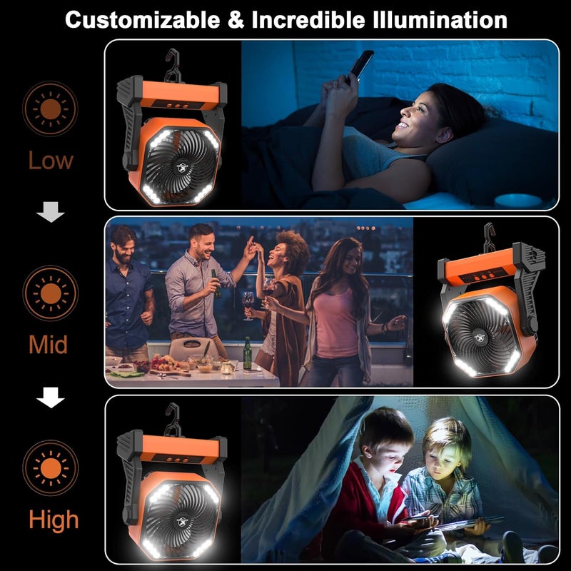 KITWLEMEN Camping Fan with LED Lantern, 20000mAh Rechargeable Battery Operated Outdoor Tent Fan with Light & Hanging Hook, 4 Speeds, Personal USB Desk Fan for Camping, Power Outage, Hurricane, Jobsite - Image 4
