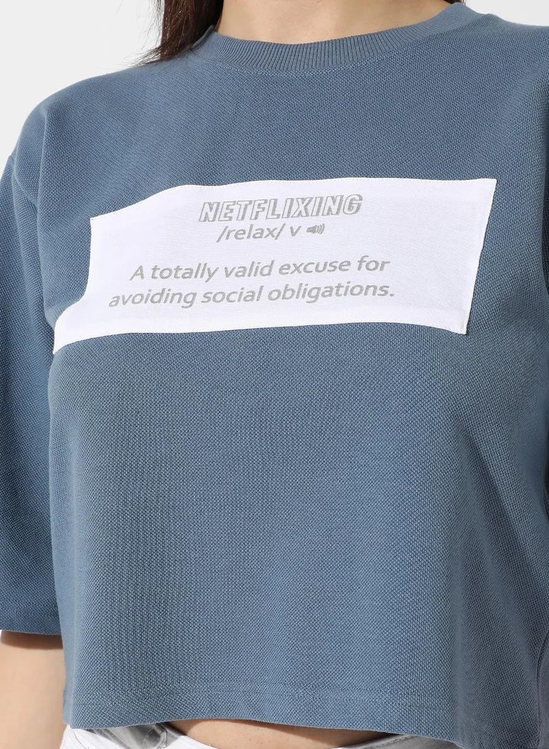 Campus Sutra Women's Icy Blue Typographic Print Top