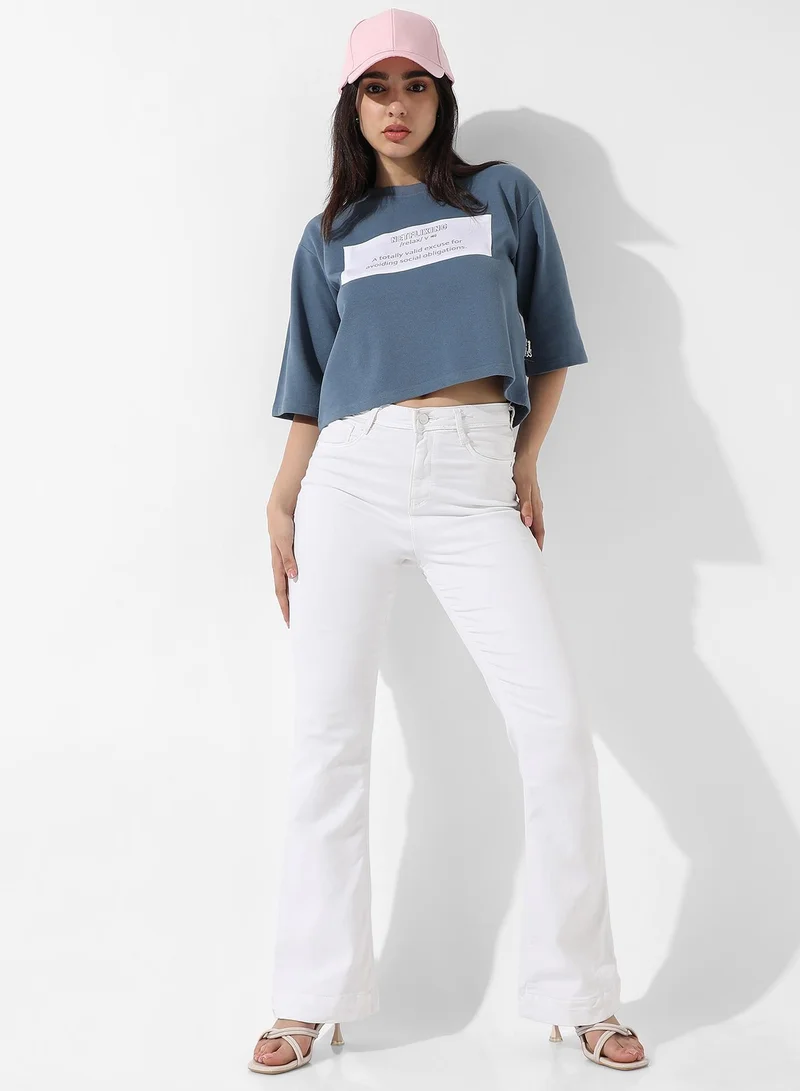 Campus Sutra Women's Icy Blue Typographic Print Top