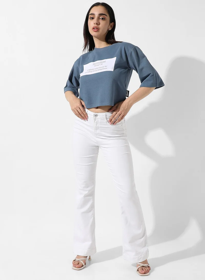Campus Sutra Women's Icy Blue Typographic Print Top
