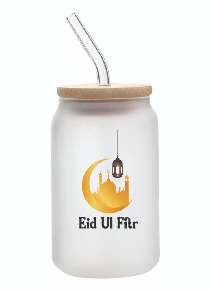 PRINTSHOP4ME Eid Mubarak Reusable Glass Bottle with Straw and Bamboo Lid - Eid Gift for all Islamic - Celebrate Eid Mubarak with this Eco-Friendly Glass Bottle  - Image 1