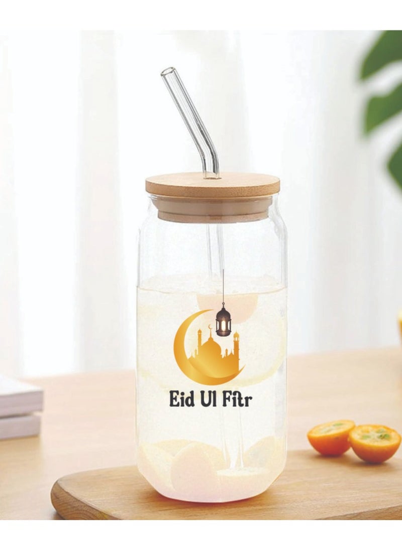 PRINTSHOP4ME Eid Mubarak Reusable Glass Bottle with Straw and Bamboo Lid - Eid Gift for all Islamic - Celebrate Eid Mubarak with this Eco-Friendly Glass Bottle  - Image 3