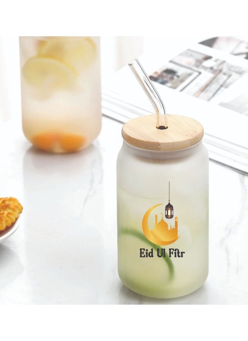 PRINTSHOP4ME Eid Mubarak Reusable Glass Bottle with Straw and Bamboo Lid - Eid Gift for all Islamic - Celebrate Eid Mubarak with this Eco-Friendly Glass Bottle  - Image 2