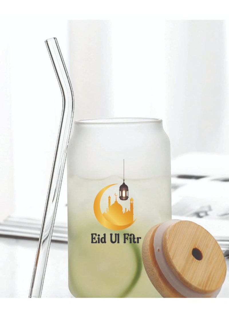 PRINTSHOP4ME Eid Mubarak Reusable Glass Bottle with Straw and Bamboo Lid - Eid Gift for all Islamic - Celebrate Eid Mubarak with this Eco-Friendly Glass Bottle  - Image 4