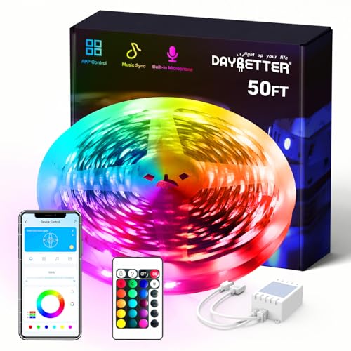 DAYBETTER Smart RGB Led Strip Lights, 50ft Led Lights for Bedroom with App Control, Multicolor Changing Led Light Strips Apply for Home Decor, Living Room, Kitchen, Home Party Decoration, 12V - Image 1