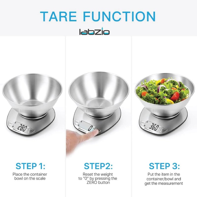 LABZIO ™ Digital Kitchen Weighing Scale | 1g–5kg Capacity | High Precision Food & Baking Scale | Slim Design with Auto-Off Function | Battery Included | Ideal for Home & Cooking Use (Silver) - Image 3