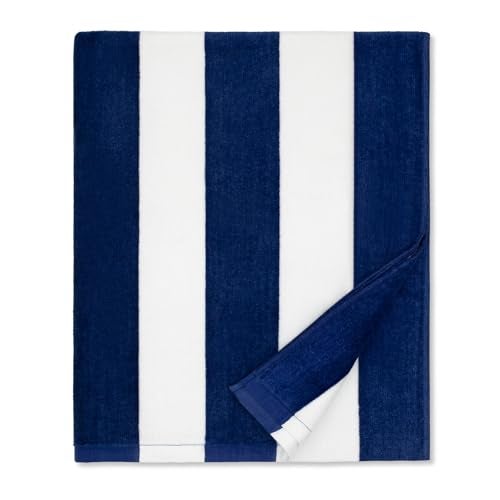 cabanana Large Beach Towel Oversized - Cotton Velour 35 x 70 Inch Blue Grey Striped Terry Pool Towel, Cabana Soft Swimming Towel for Adults Women Men (Navy Grey) - Image 1