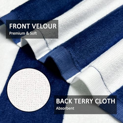 cabanana Large Beach Towel Oversized - Cotton Velour 35 x 70 Inch Blue Grey Striped Terry Pool Towel, Cabana Soft Swimming Towel for Adults Women Men (Navy Grey) - Image 5