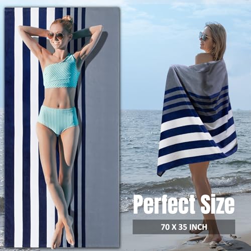 cabanana Large Beach Towel Oversized - Cotton Velour 35 x 70 Inch Blue Grey Striped Terry Pool Towel, Cabana Soft Swimming Towel for Adults Women Men (Navy Grey) - Image 3