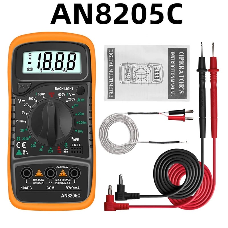 AN8205C مقياس رقمي محمول باليد برتقالي مع إضاءة خلفية للشاشة، مقياس فولت أمبير متر للتيار المتردد والمستمر، واختبار الأوم - Image 2