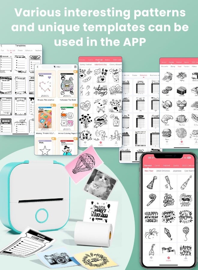 طابعة ملصقات ميني، طابعة ملصقات T02، آلة صنع الملصقات، مع 3 لفات ورق، آلة طابعة ملصقات جيب للأطفال، بطاقات فلاش تشريحية، دفاتر ملاحظات، صور، ملاحظات، هدية للأطفال، باللون الأخضر - Image 2