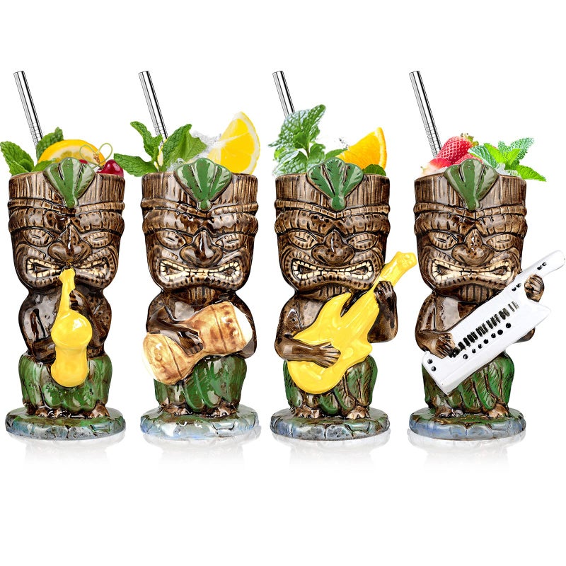 SuproBarware Tiki Glasses Mugs for Cocktails Hawaiian Tiki Mugs 13oz Set of 4 Ceramic Tropical Party Drink Cups Tiki Glass Bar Decor Vintage Music Band Drinking Cup Decorations Drinkware Barware
