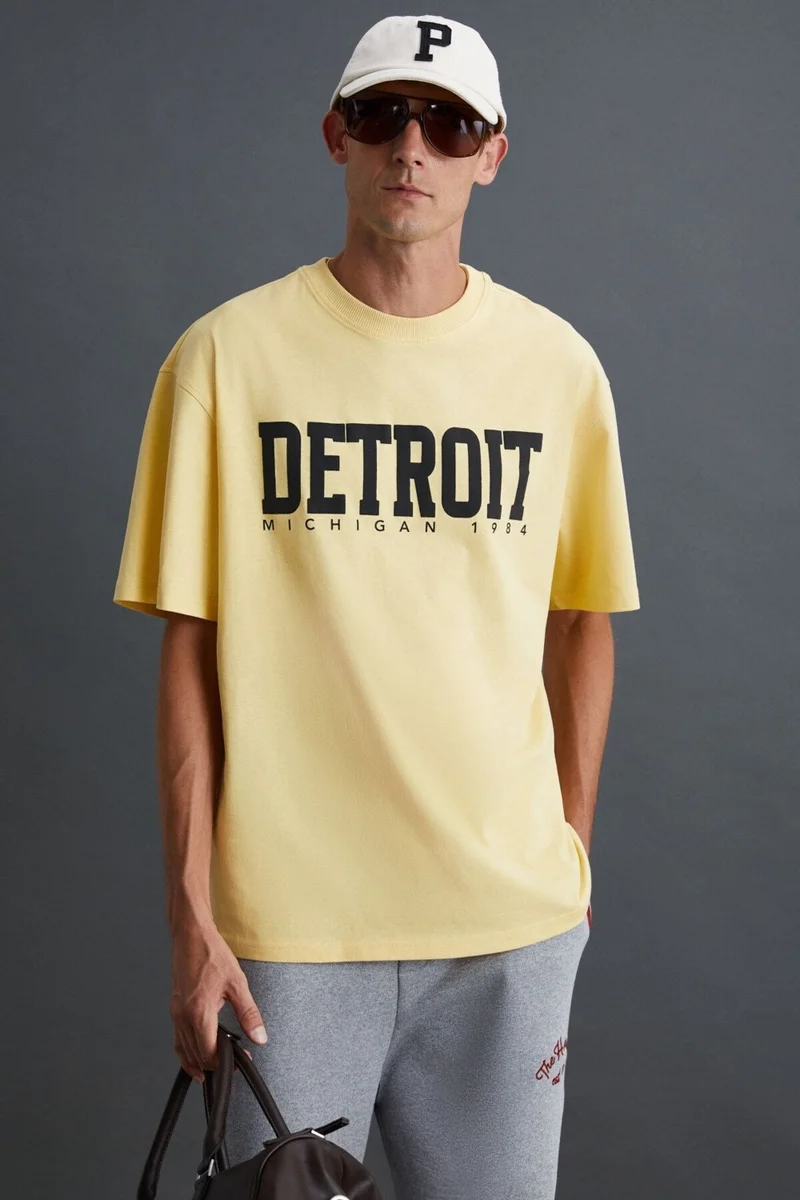 GRIMELANGE ATLANTA Men's 100% Cotton Short Sleeve Printed Detailed Yellow T-Shirt