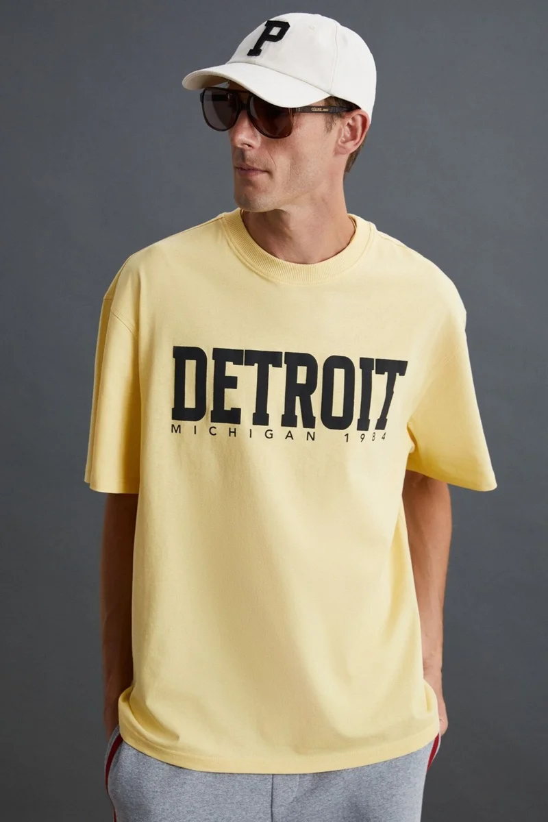 GRIMELANGE ATLANTA Men's 100% Cotton Short Sleeve Printed Detailed Yellow T-Shirt