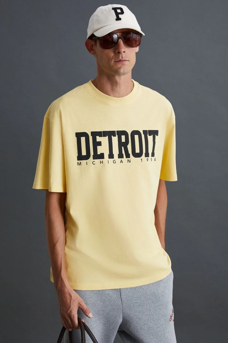 GRIMELANGE ATLANTA Men's 100% Cotton Short Sleeve Printed Detailed Yellow T-Shirt