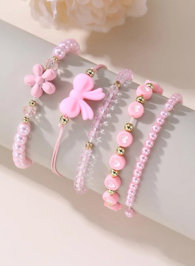 Pack of 5 - Girls Pink Pearl and Heart Charm Bracelets