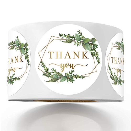 Mr.Mug 500 Chic Golden Greenery Frames Thank You Label Stickers, 1.4 Inches Circle Round Green Palm Leaves Wreath Thank You Stickers. - Image 1