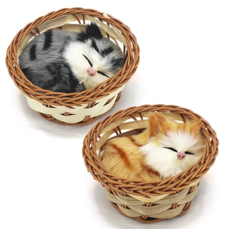 Coolayoung 2Pcs Sleeping Cat in Basket Doll Toy Mini Kitten in Woven Basket with Meows Sounds Decor for Office Desk Hand Toy Gift for Kids Boys Girls - Image 4