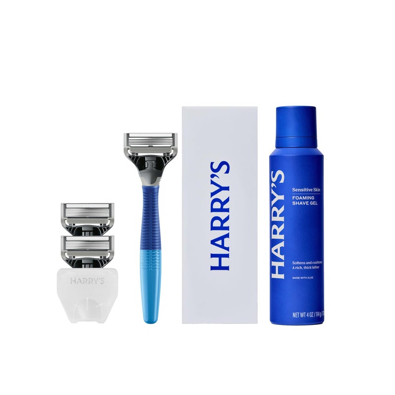 Harry's Original Shaving Kit for Men - Razor Handle, 3 Razor Blade Refills, Foaming Shave Gel, and Travel Blade Cover - German Engineered - Ocean Blue - Image 1