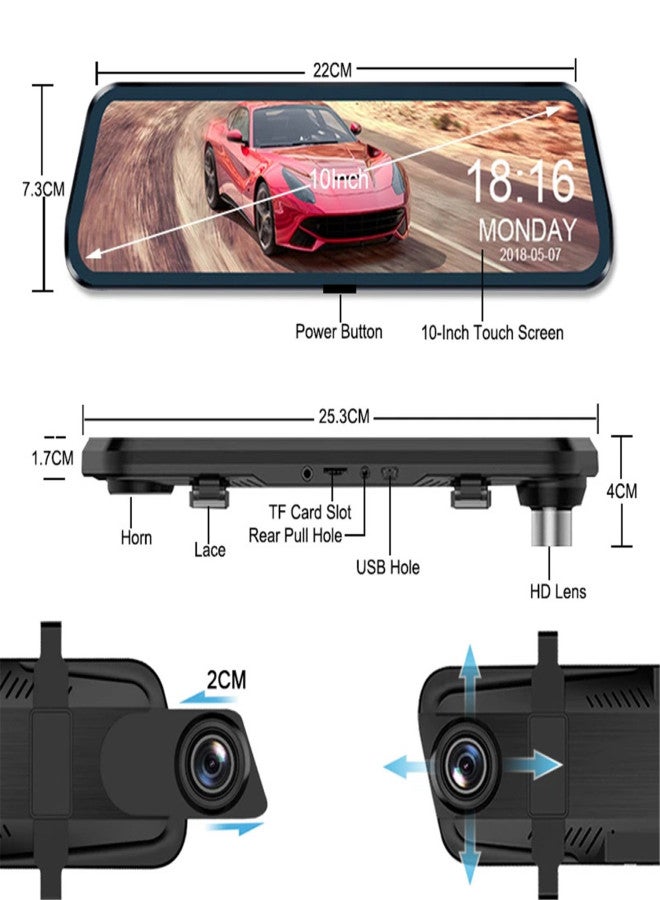 2048P DVR Dash Camera Front & Rear Dual Camera Driving Recorder with 10 Inch Touchscreen 170° Wide Angle Support Clear Night-Vision Parking Monitor Motion Detection Collision Locking Loop Recording - Image 3