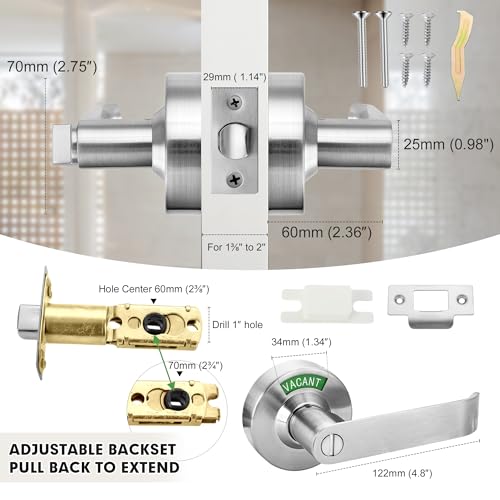 Malimali Commercial Door Handle with Occupied Sign Bathroom Door Handle with Lock Stainless Steel Privacy Door Handle Hardware Door Lever Lock for Restroom Public Washroom Satin Chrome - Image 3