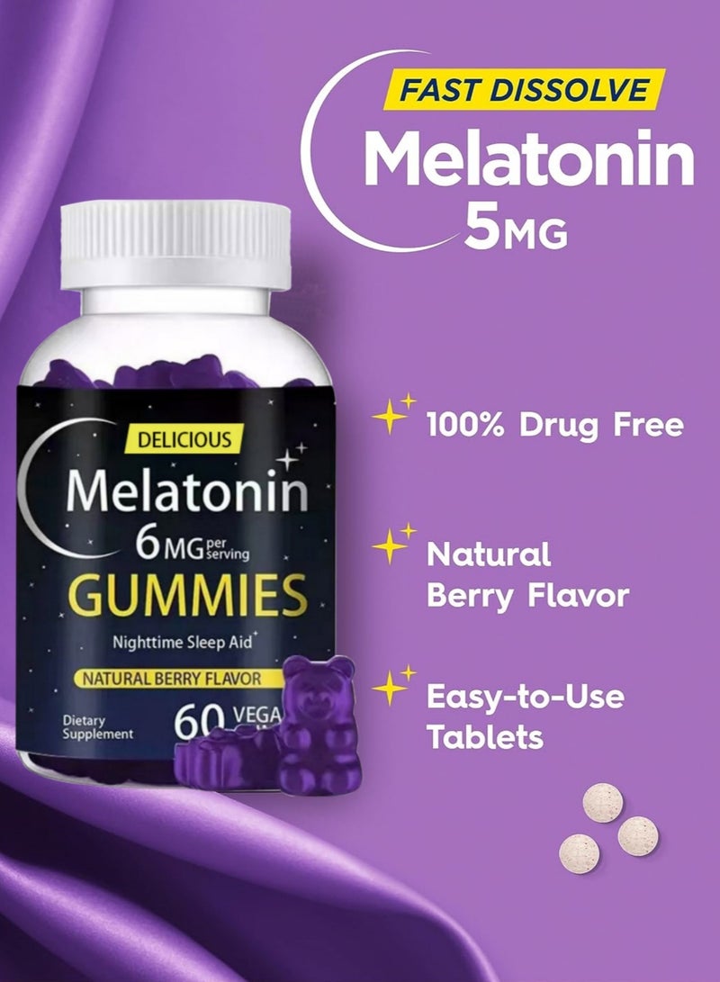 ميلاتونين 6 ملغ سريع الذوبان 60 علكة، مساعد على النوم ليلاً، بنكهة التوت الطبيعية، نباتي، غير معدل وراثيًا، خالٍ من الغلوتين - Image 2