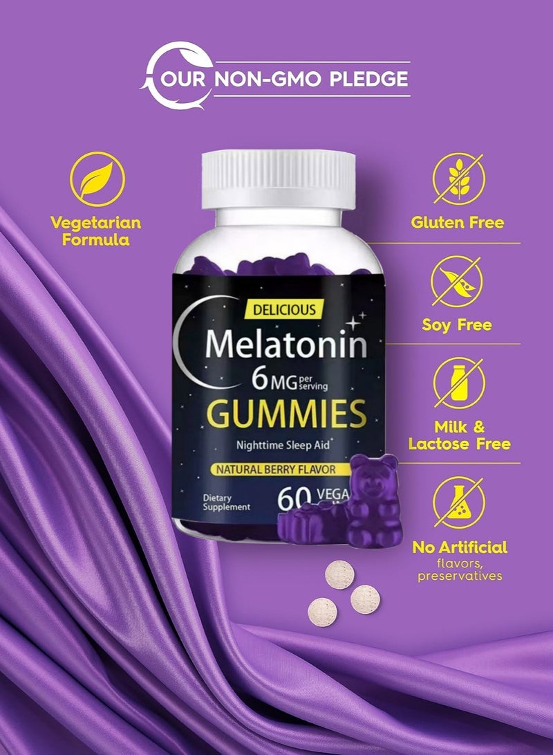ميلاتونين 6 ملغ سريع الذوبان 60 علكة، مساعد على النوم ليلاً، بنكهة التوت الطبيعية، نباتي، غير معدل وراثيًا، خالٍ من الغلوتين - Image 3