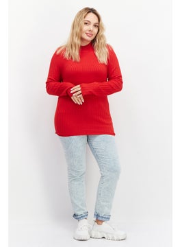 Zero Women High Neck Long Sleeve Knitted Sweater, Red  - Image 3